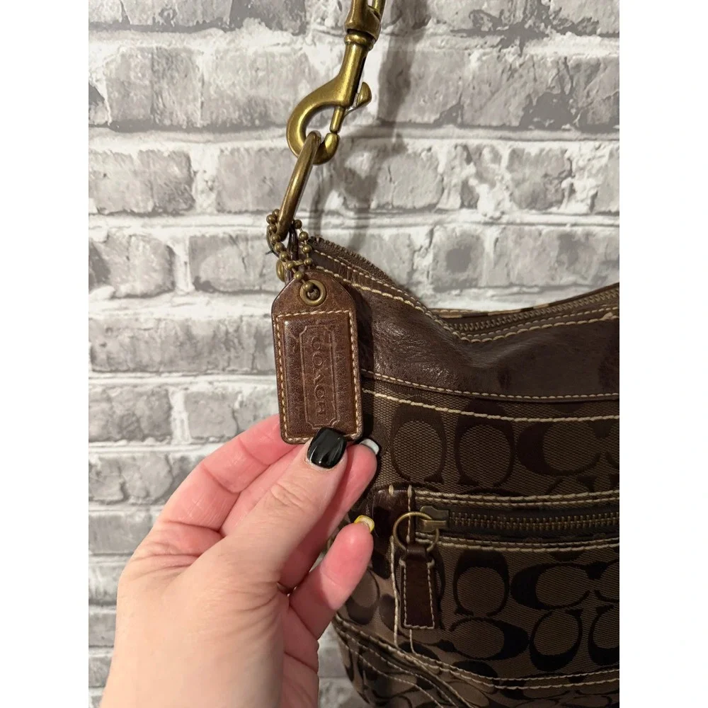 Coach Signature Jacquard Crossbody Bag Brown Leather Trim Brass Hardware